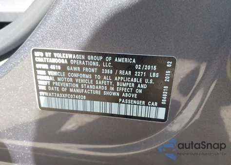 2015 Volkswagen Passat 1.8T Limited Edition from USA, damaged, VIN 1VWAT7A3XFC074026